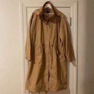 Khaki Rain Jacket, Dramatic collar and hood. Women's L Tall.
